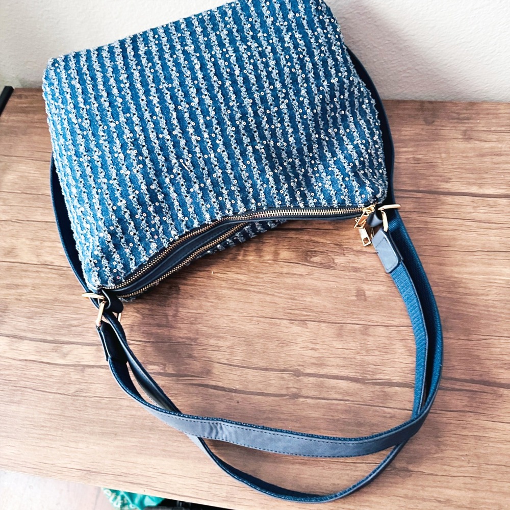 Mellow World Sequin Striped Blue Denim‎ Double Zip Pocket Hobo Shoulder Bag